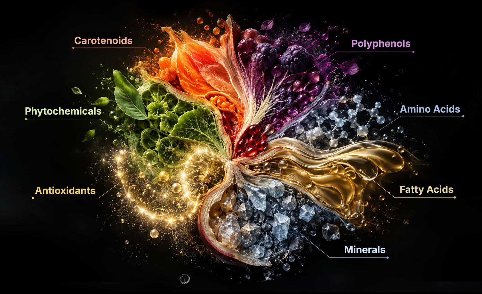 Colorful plants and food compounds labeled carotenoids, polyphenols, amino acids, fatty acids, minerals, antioxidants, and phytochemicals