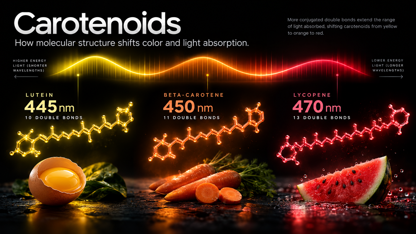 Carotenoids graphic showing how molecular structure shifts color and light absorption: lutein 445 nanometers with 10 double bonds, beta-carotene 450 nanometers with 11 double bonds, lycopene 470 nanometers with 13 double bonds