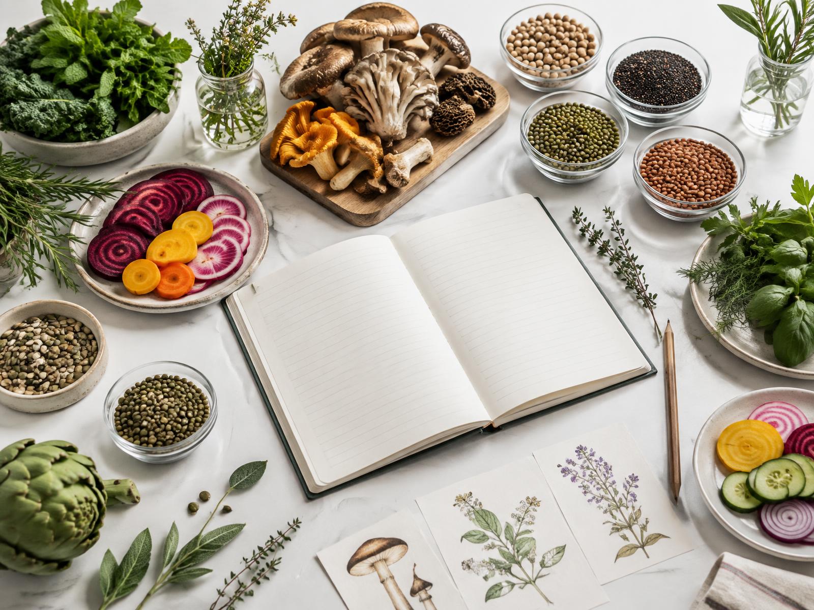 Whole foods, botanical study materials and an open notebook